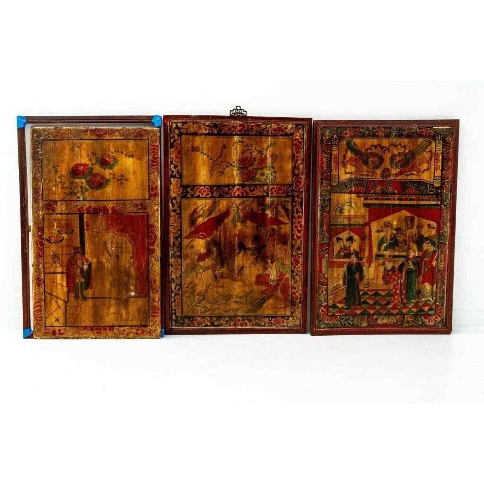 Set of 3 Early Painted Asian Folk Wood Panels