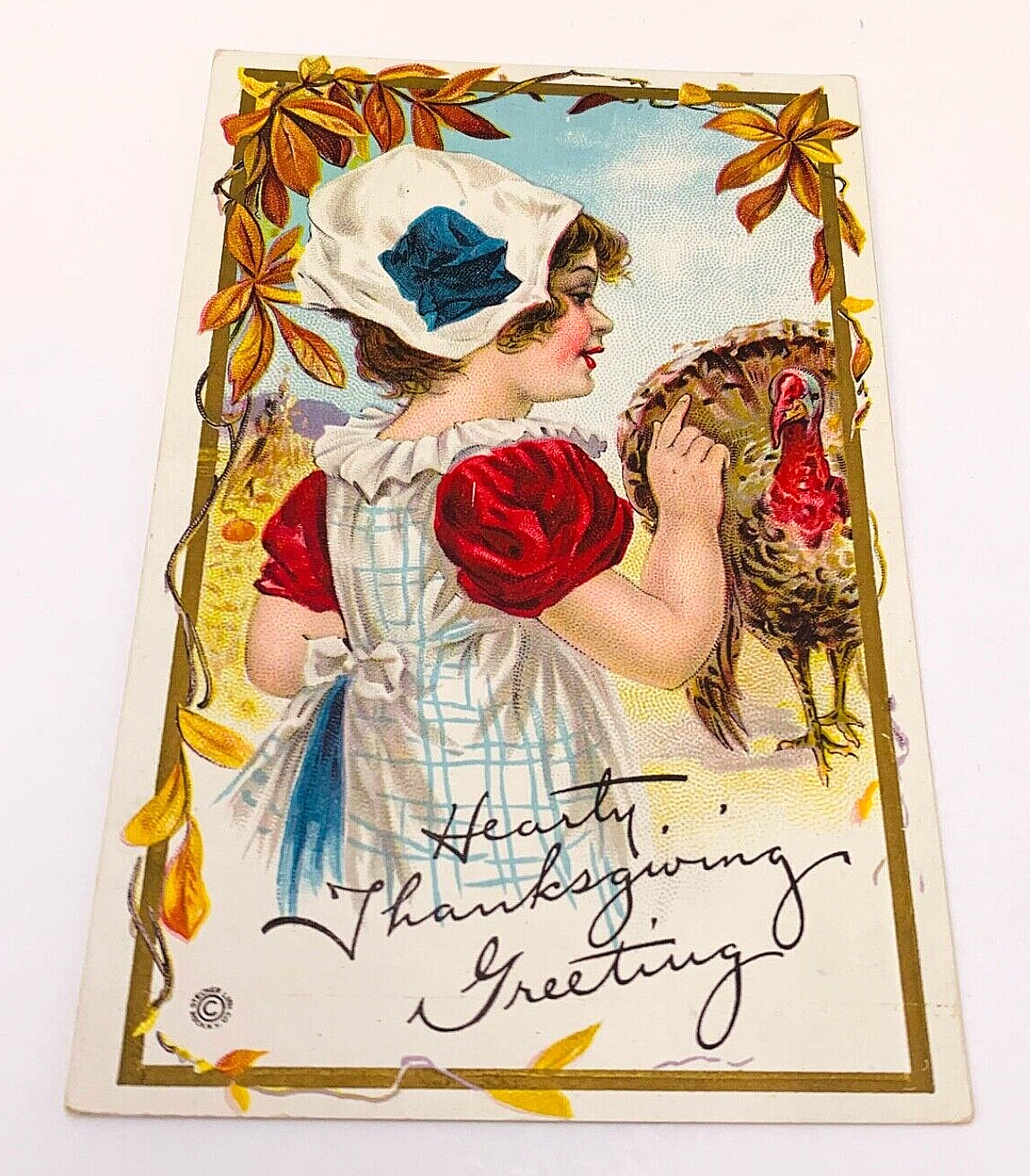 Antique Embossed HEARTY THANKSGIVING GREETING POSTCARD GIRL & TURKEY Unposted