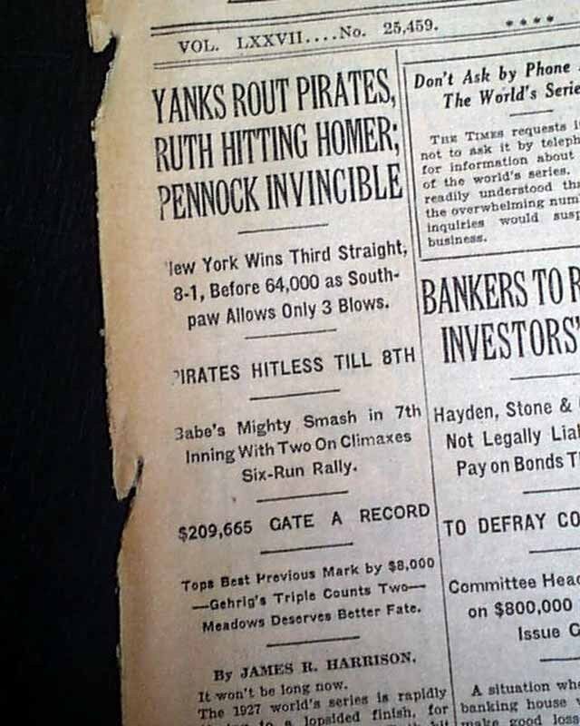 Best NEW YORK YANKEES Win World Series Game 2 w/ Babe Ruth HR 1927 NY Newspaper