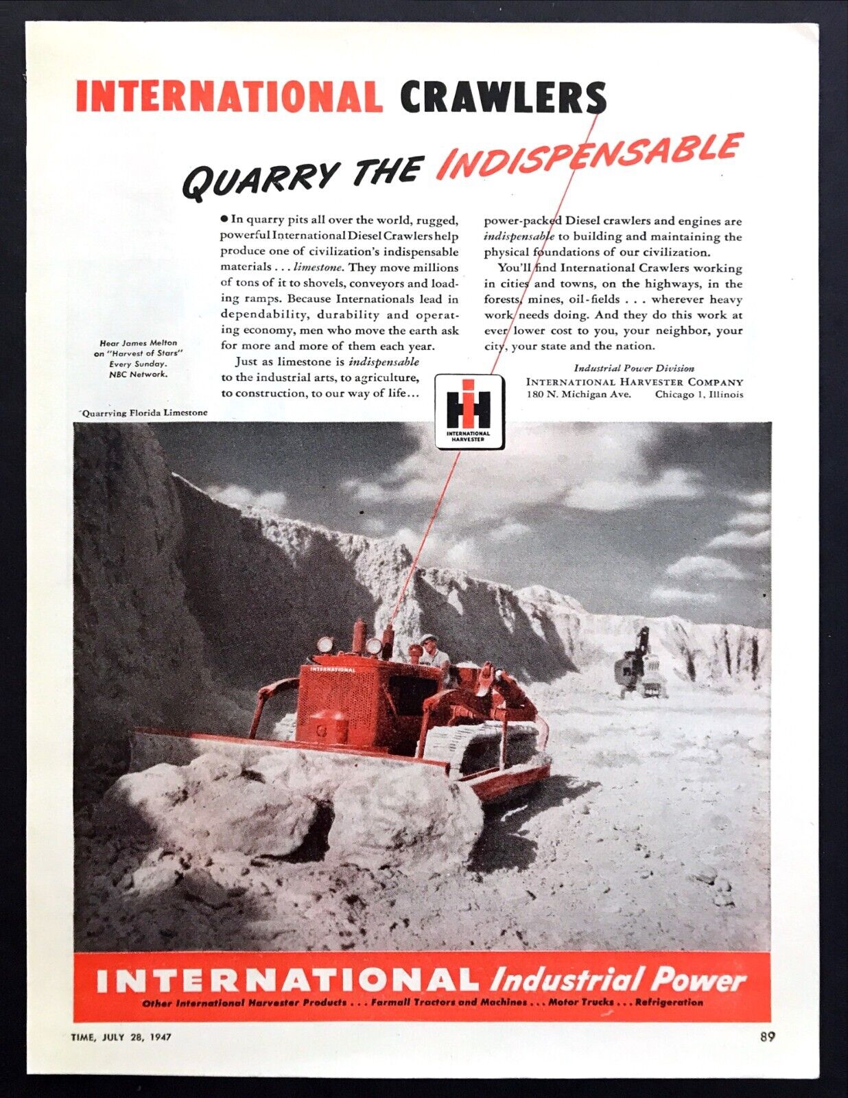 1947 International Harvester Crawler Bulldozer in Florida Quarry art print ad