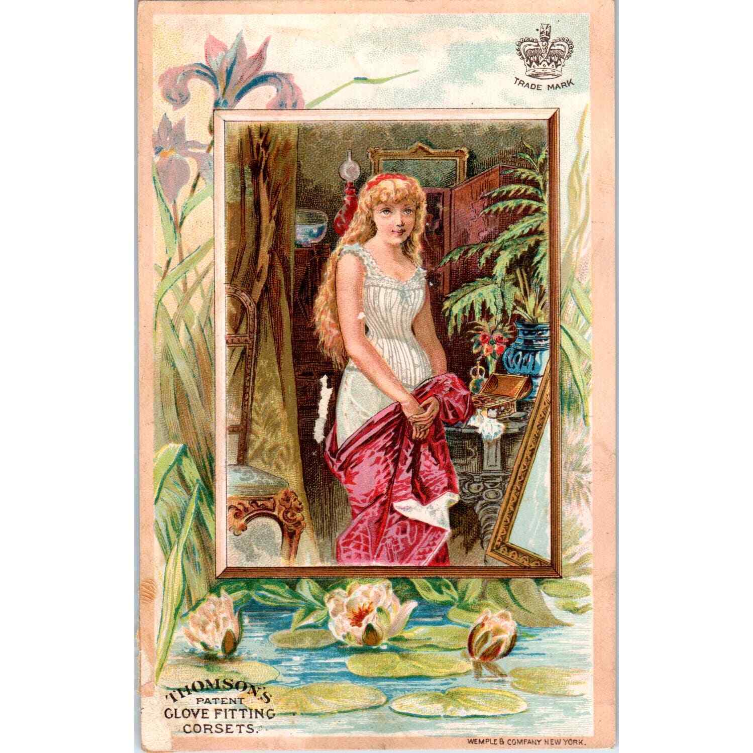 1880s Victorian Trade Card Thomson\'s Corsets Glove Fitting Girl Jungle Scene SF2