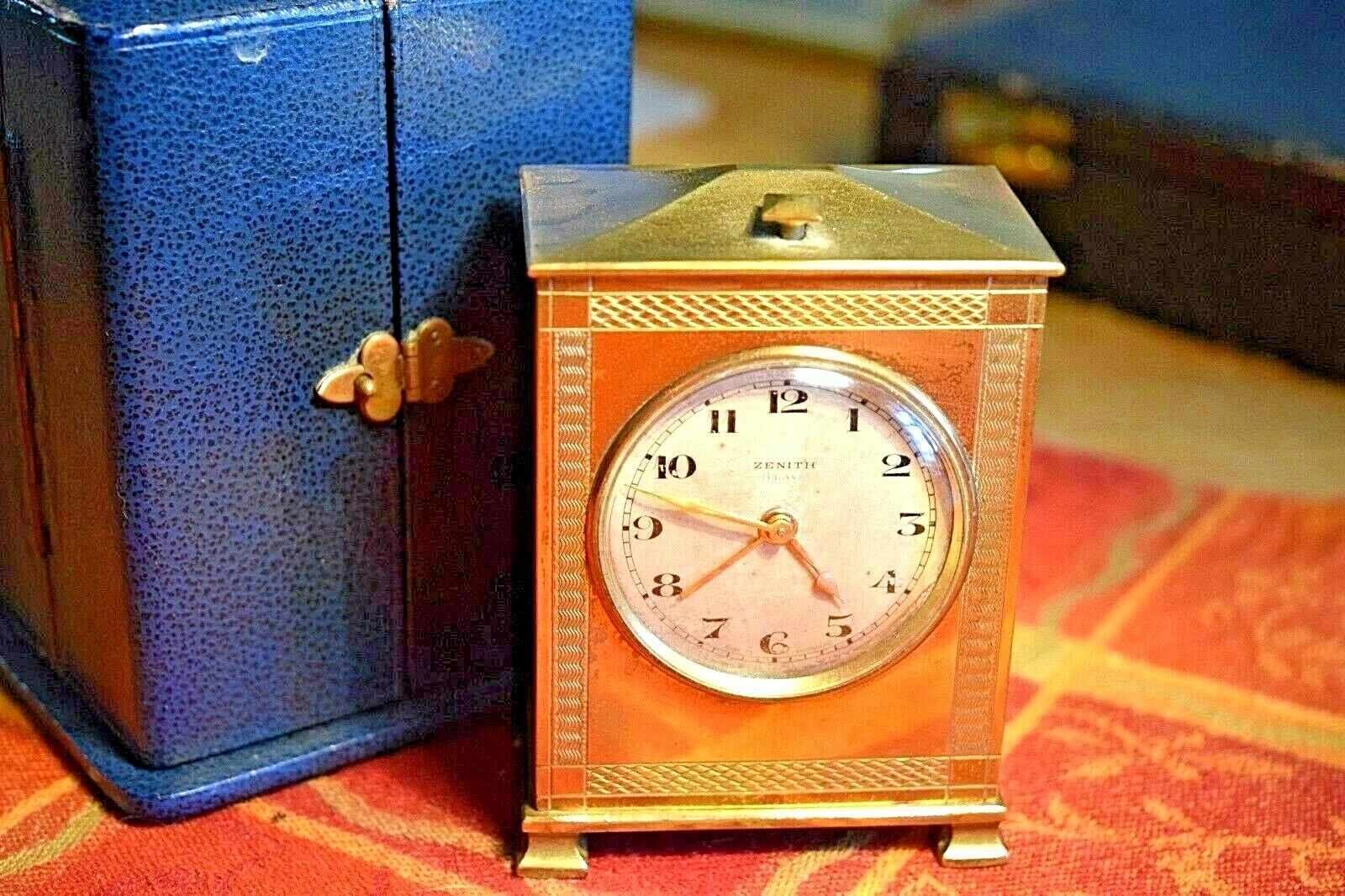 Rare Bronze Zenith Alarm Clock Original Leather Case 