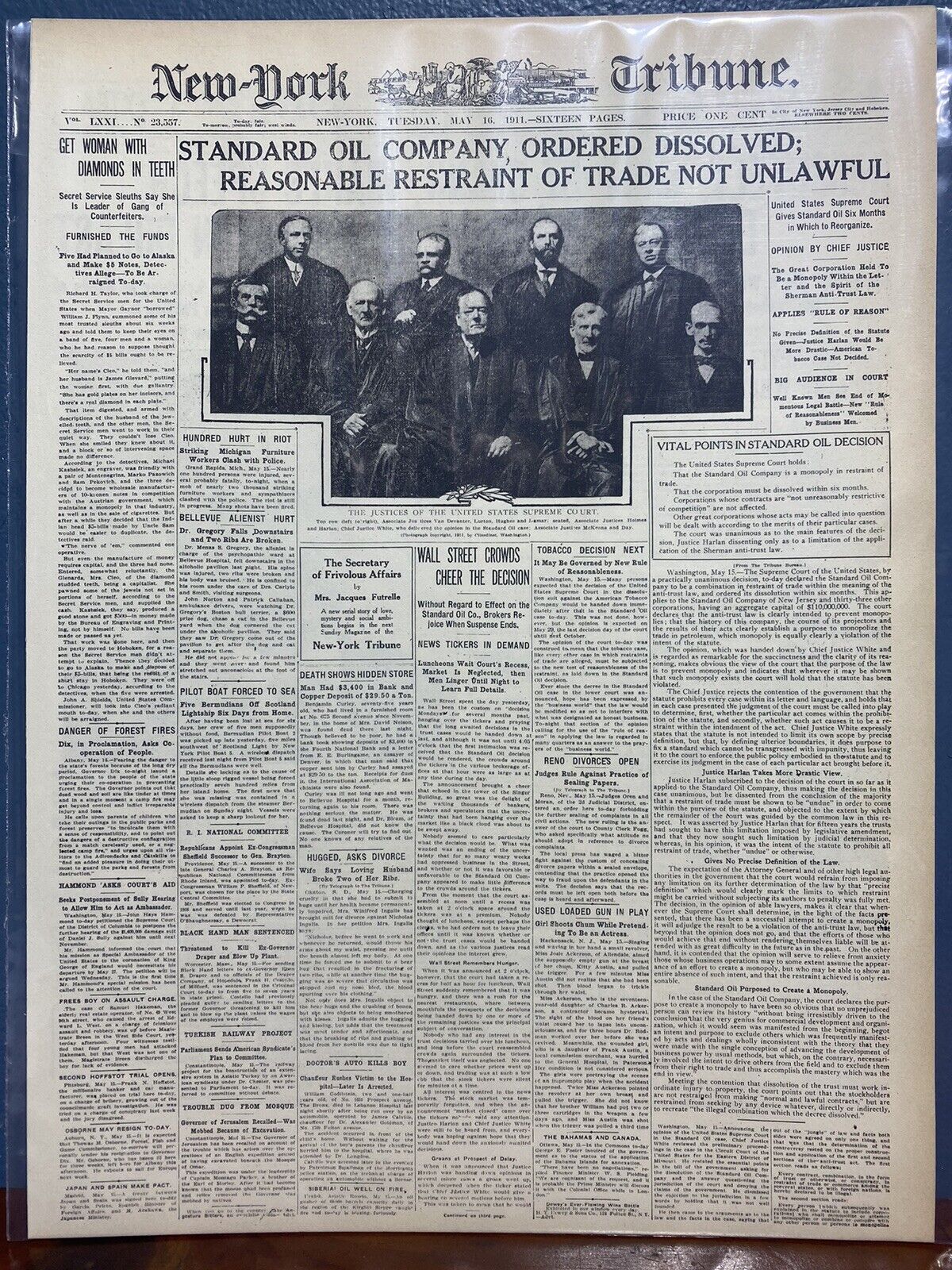 VINTAGE NEWSPAPER HEADLINE US SUPREME COURT DISSOLVES STANDARD OIL MONOPOLY 1911