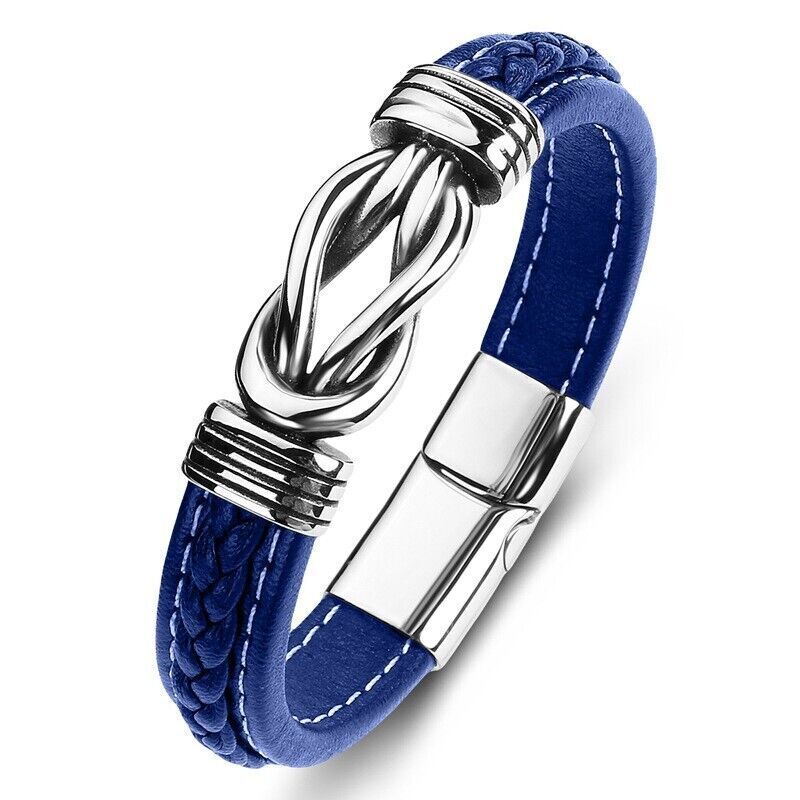 Men\'s Leather Braided Silver Bracelet Wristband Stainless Steel Wrist Bangle