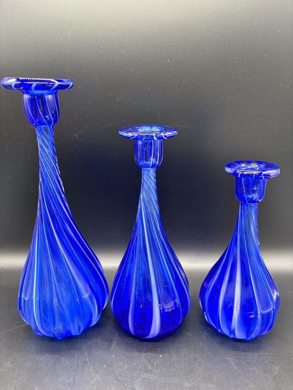 Vtg Cobalt Blue Bottles Vases Candleholders Handblown Glass Twisted