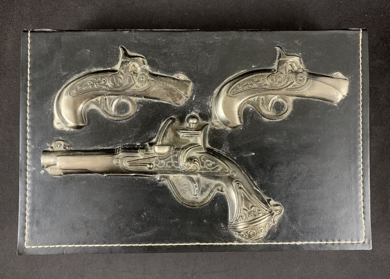 Vintage Leather Tooled Metal Flintlock Pistols Wooden Trinket Box