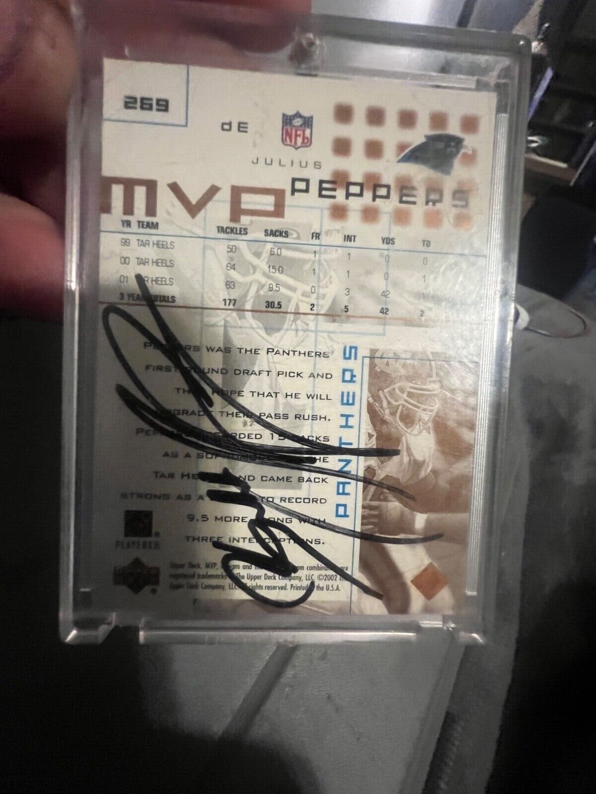  2002 AUTOGRAPHED UPPERDECK MVP JULIUS PEPPERS CARD #269. ONE OF A KIND