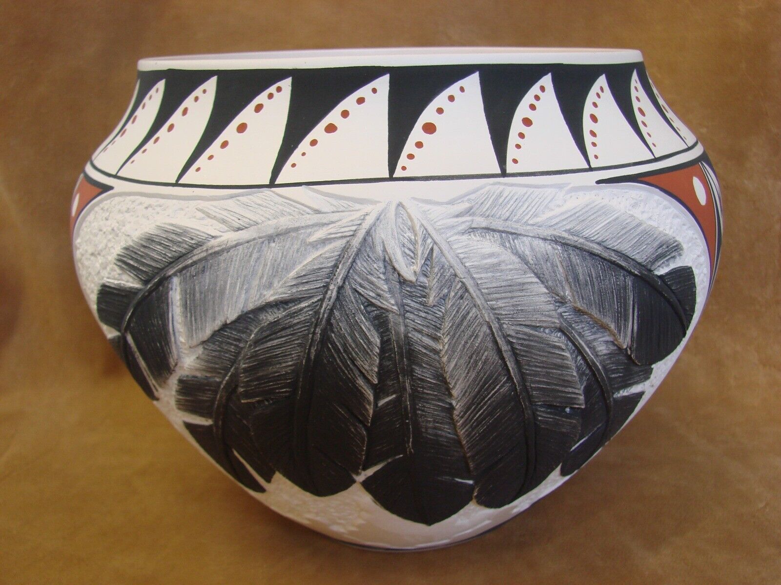 Acoma Pueblo Indian  Fine Line Hand Pained Feather Pottery by C Joe