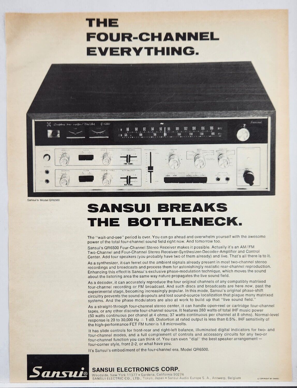 1971 Sansui QR6500 Four Channel Stereo Receiver Vtg Poster Print Ad Gardena CA