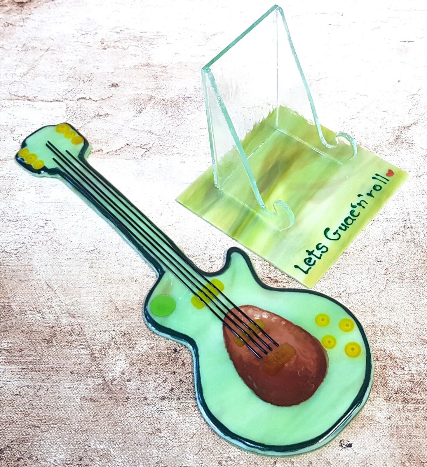 Green Glass Guitar with hand-painted Avocado, A collector\'s item