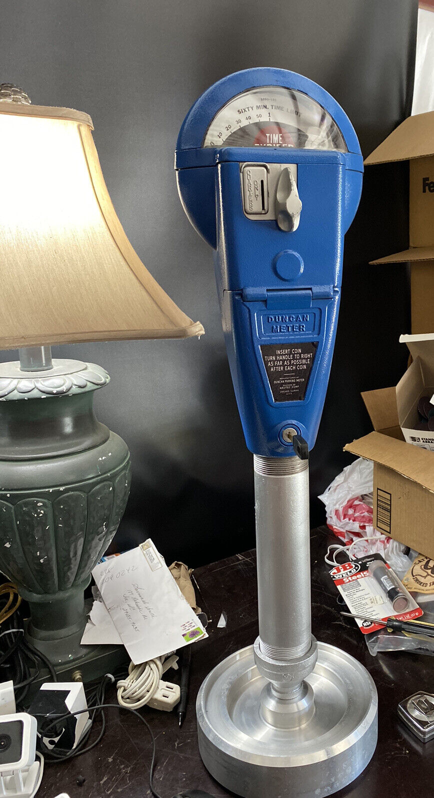 Vintage Blue Duncan 60 Parking Meter And Key And Stand, Working