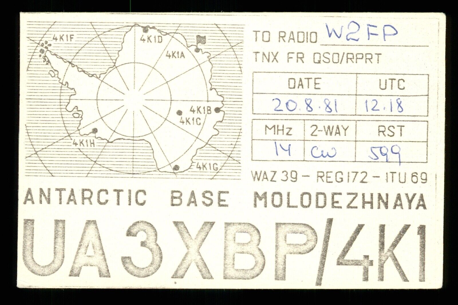 QSL Card Radio Antarctica Russia Molodezhnaya UA3XBP/4KI 1981 ≠ U1108