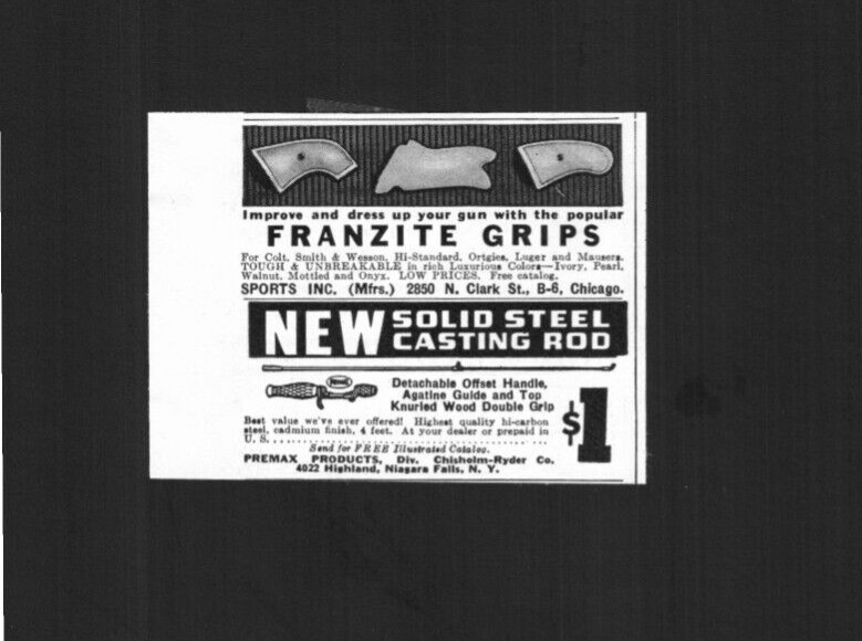 1940 Old Print Ad Advertising FRANZITE GRIPS/Steel Casting Rod Fishing Lure Reel