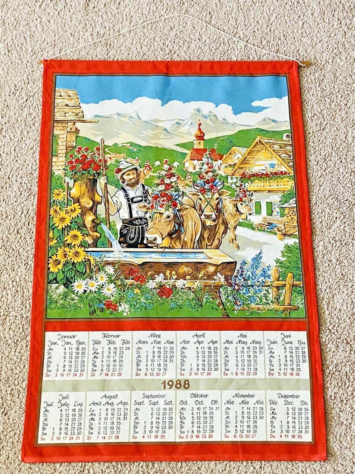 Vtg German Cloth 1988 Calendar Wall Hanging Country and Mountain Decor