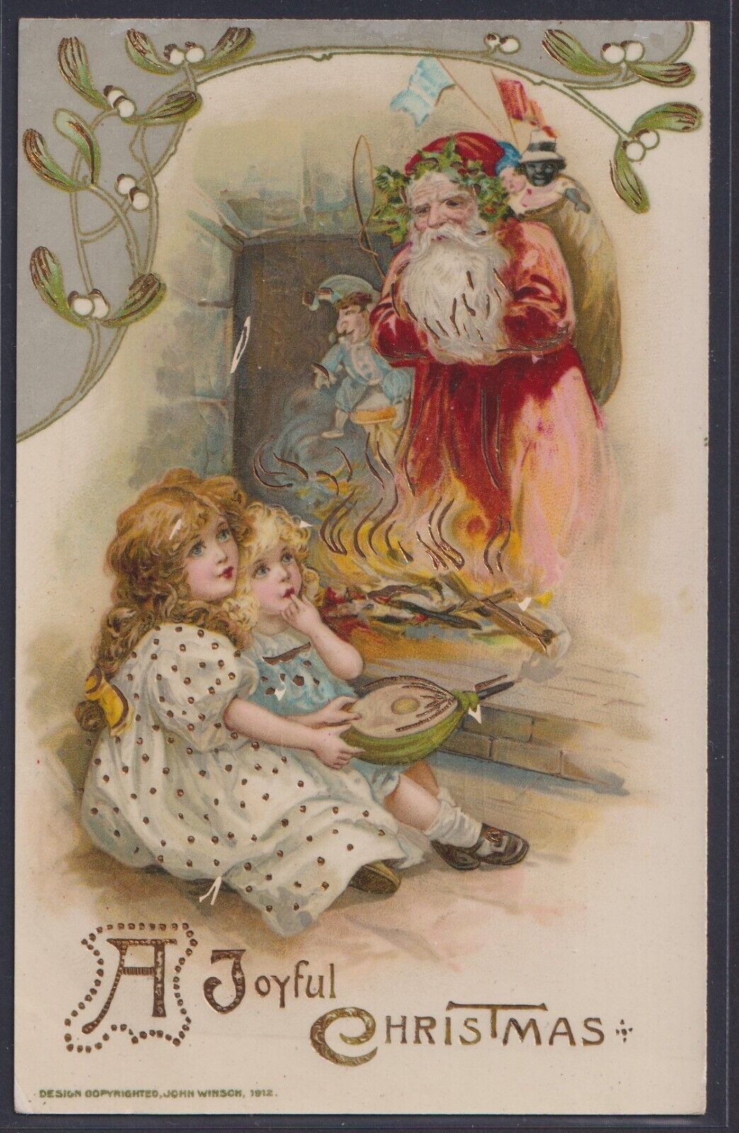 1912 WINSCH GEL CHRISTMAS POSTCARD SANTA TOYS DOLLS FIREPLACE 2 GIRLS BELLOWS