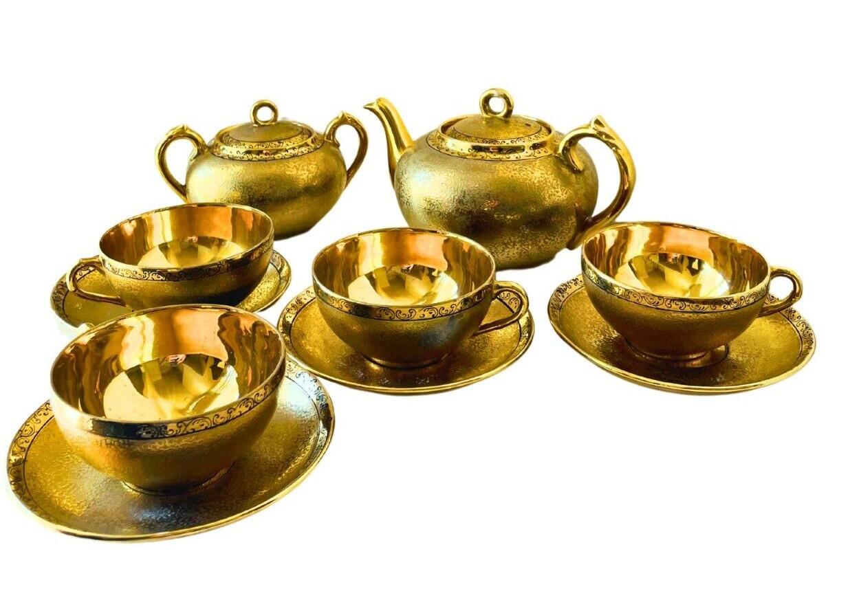 Kiri Mon Paulownia Flower Triple 1921  Gold Porcelain Tea Set Teapot Sugar cup