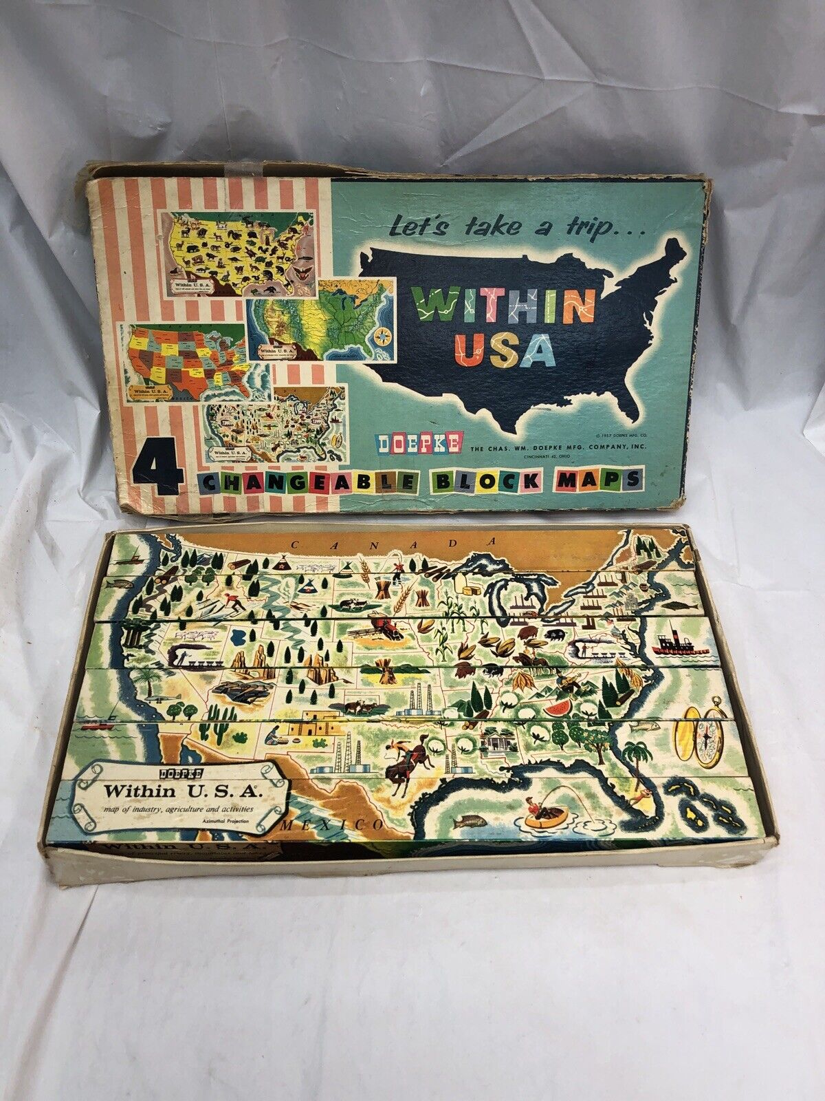 Chas Wm Doepke VTG 1950s Wooden Block Maps Toy Let\'s Take A Trip Within USA 1957