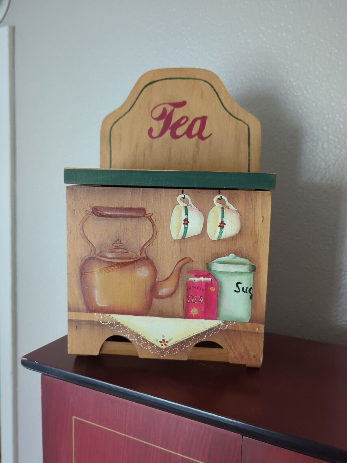 Vtg Wooden Tea Bag Dispenser Hand Painted Unique