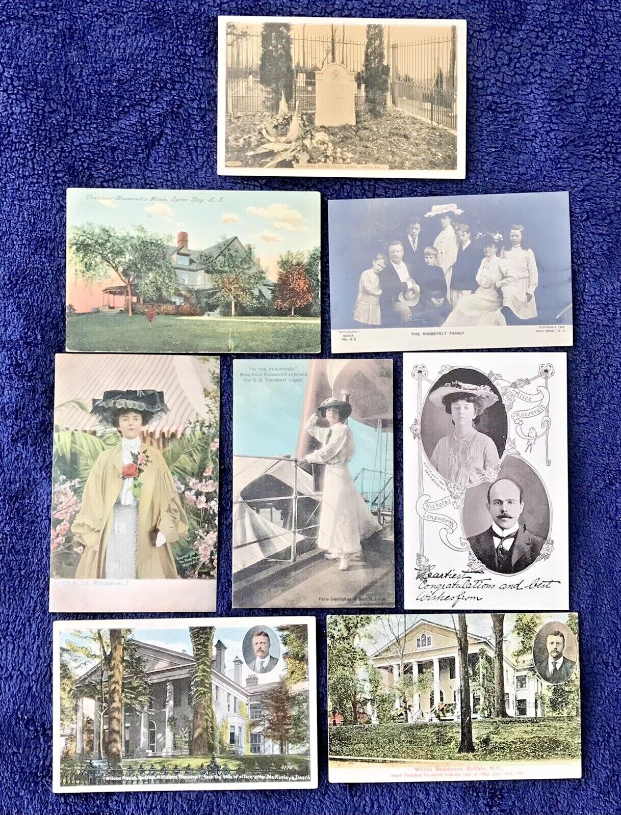 8 ANTIQUE 1908 TEDDY  ALICE ROOSEVELT OFFICIAL FAMILY COLOR B&W PHOTO POSTCARDS