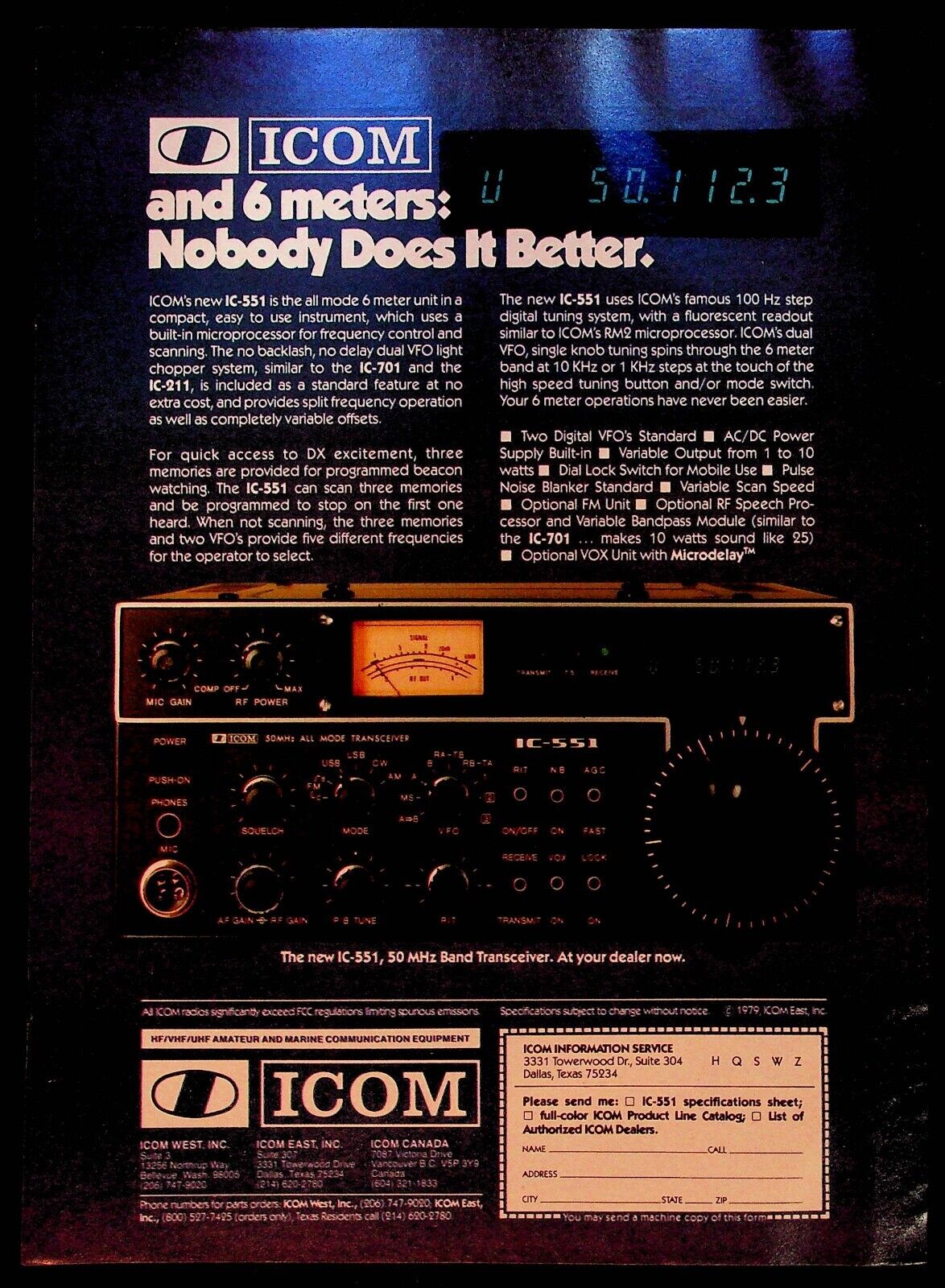 1979 ICOM IC551 50 MHz Band 6 meter Transceiver photo ham radio vintage print ad