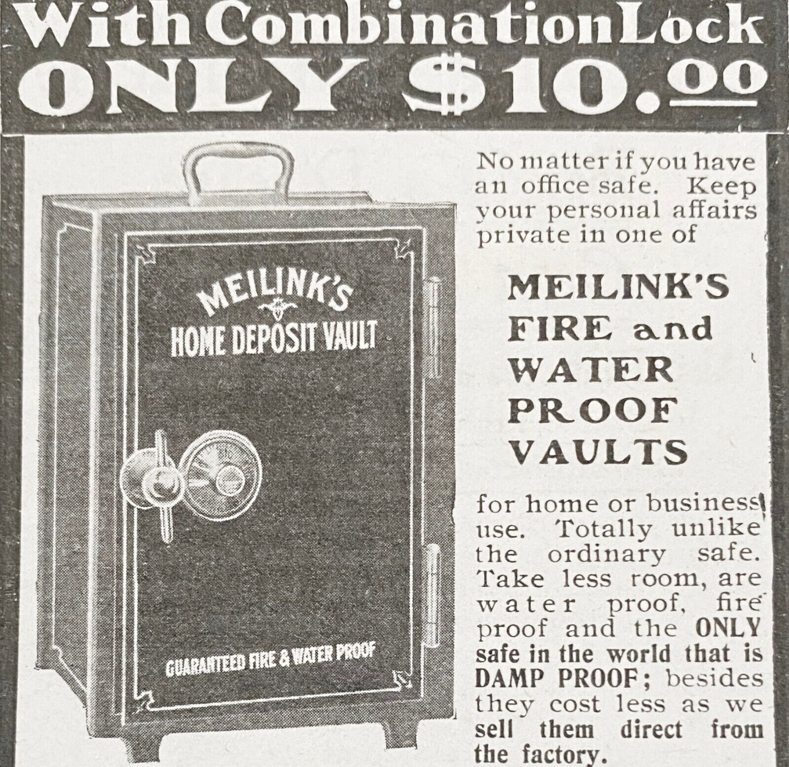 Antique1903 Print Ad MEILINK\'S FIRE&WATER PROOF VAULT Combination Lock Home Safe