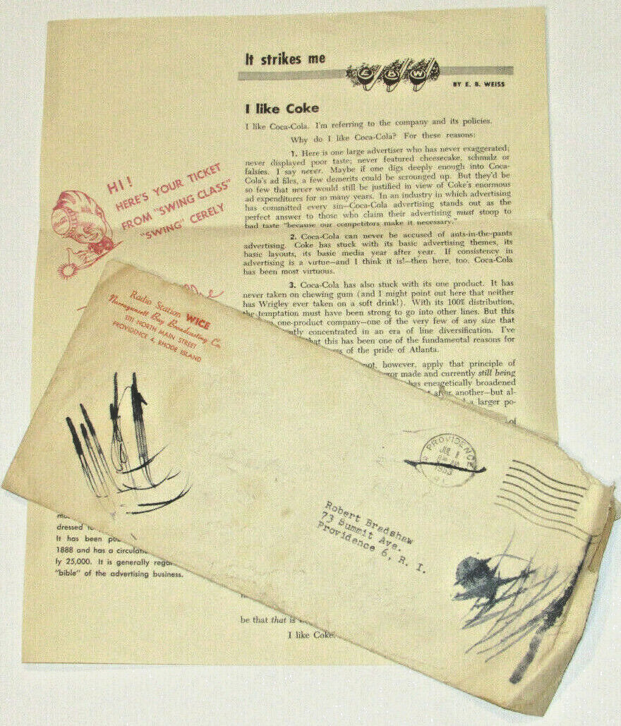 VINTAGE 1953 \'I LIKE COKE\' ADVERTISING LETTER WICE RADIO 1290 PROVIDENCE, RI 