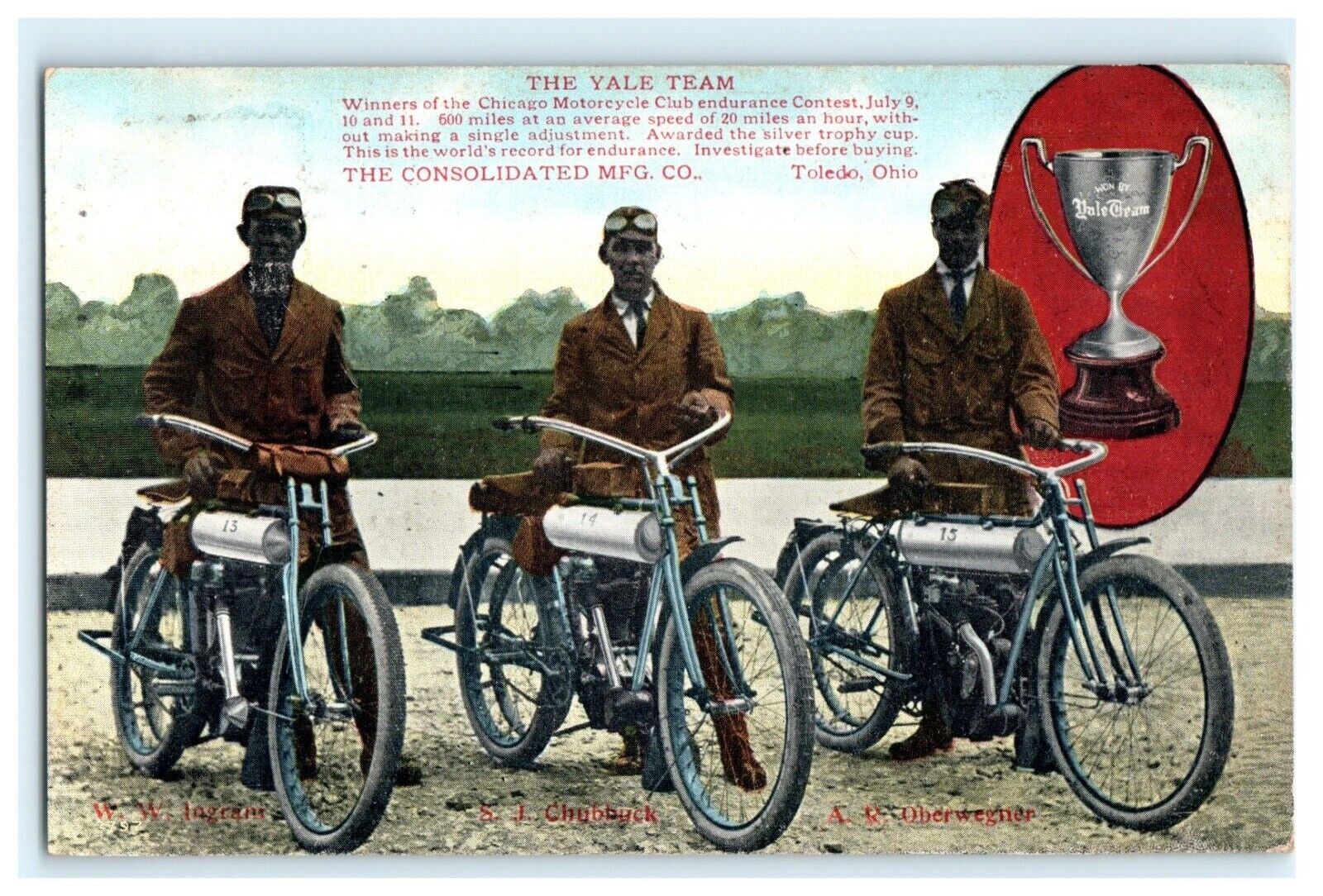 1909 Chicago Motorcycle Club Endurance Race Winners YALE Team Postcard 
