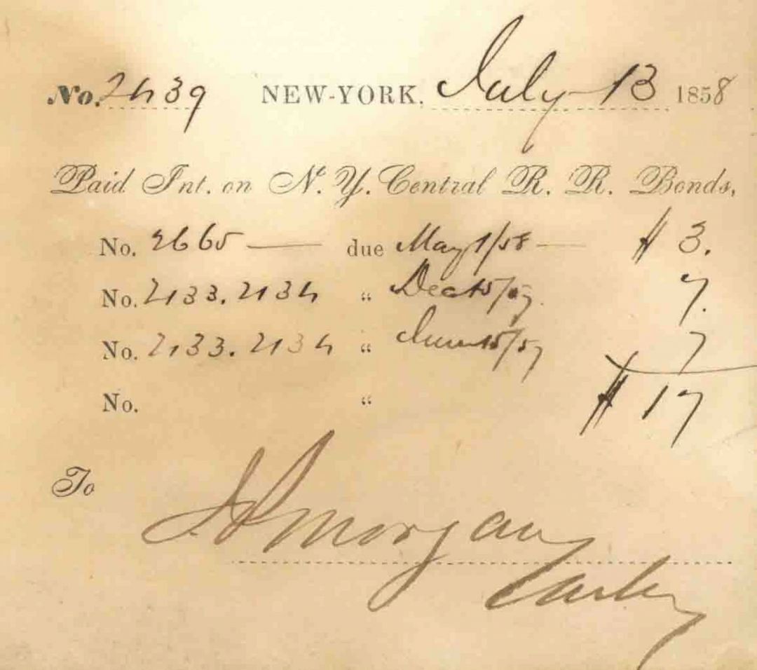 N.Y. Central R.R. Bonds ledger sheet signed by J. Pierpont Morgan - Very Early S