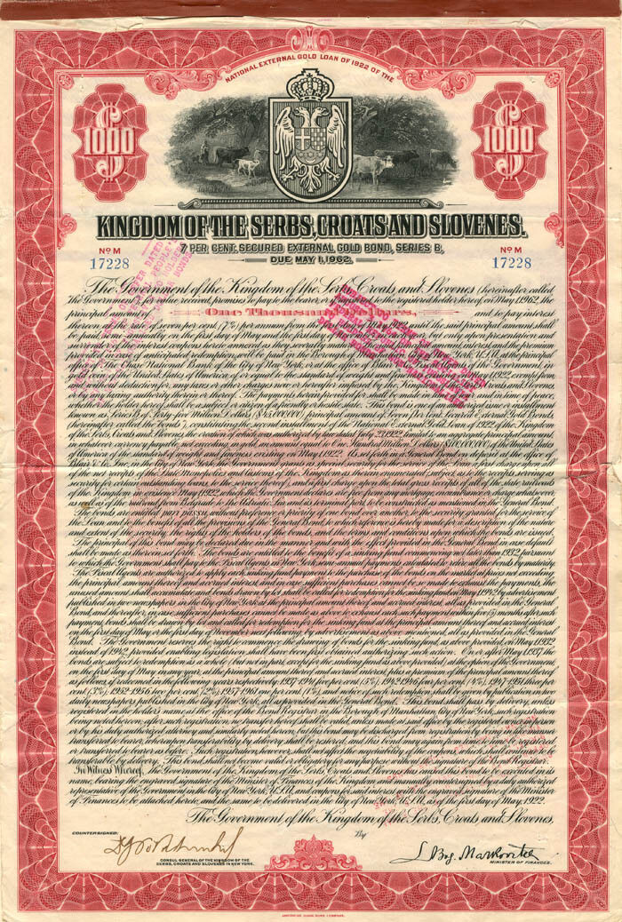 Kingdom of the Serbs, Croats and Slovenes - $1,000 Bond (Uncanceled) - Foreign B