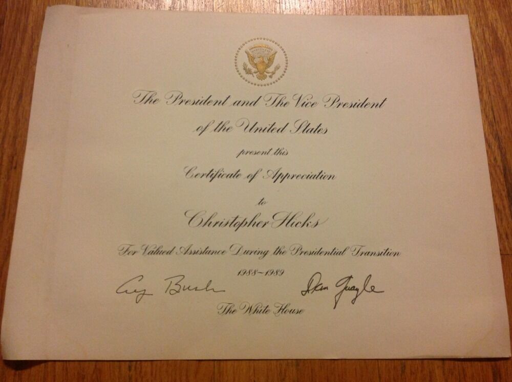 1988-1989 President George H.W. Bush & Dan Quayle Signed Autographed Certificate