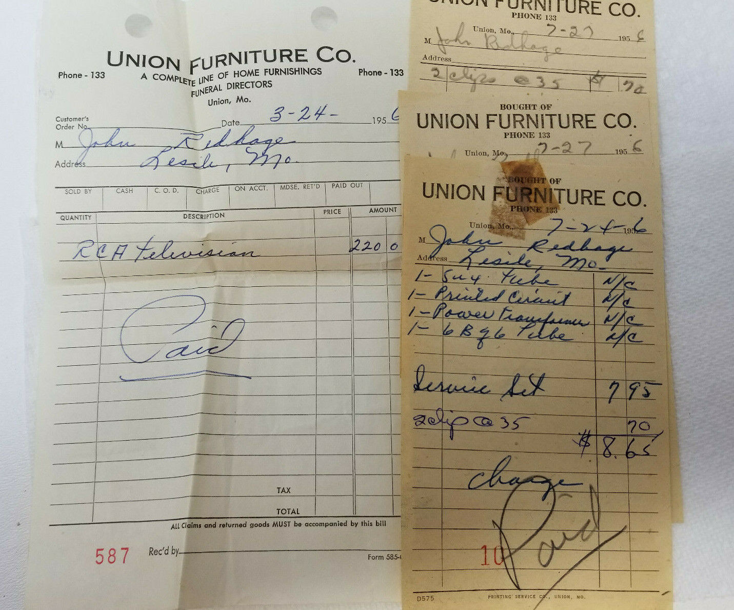 RCA Television Union Furniture Co Funeral Directors Vintage 1956 Order Receipts