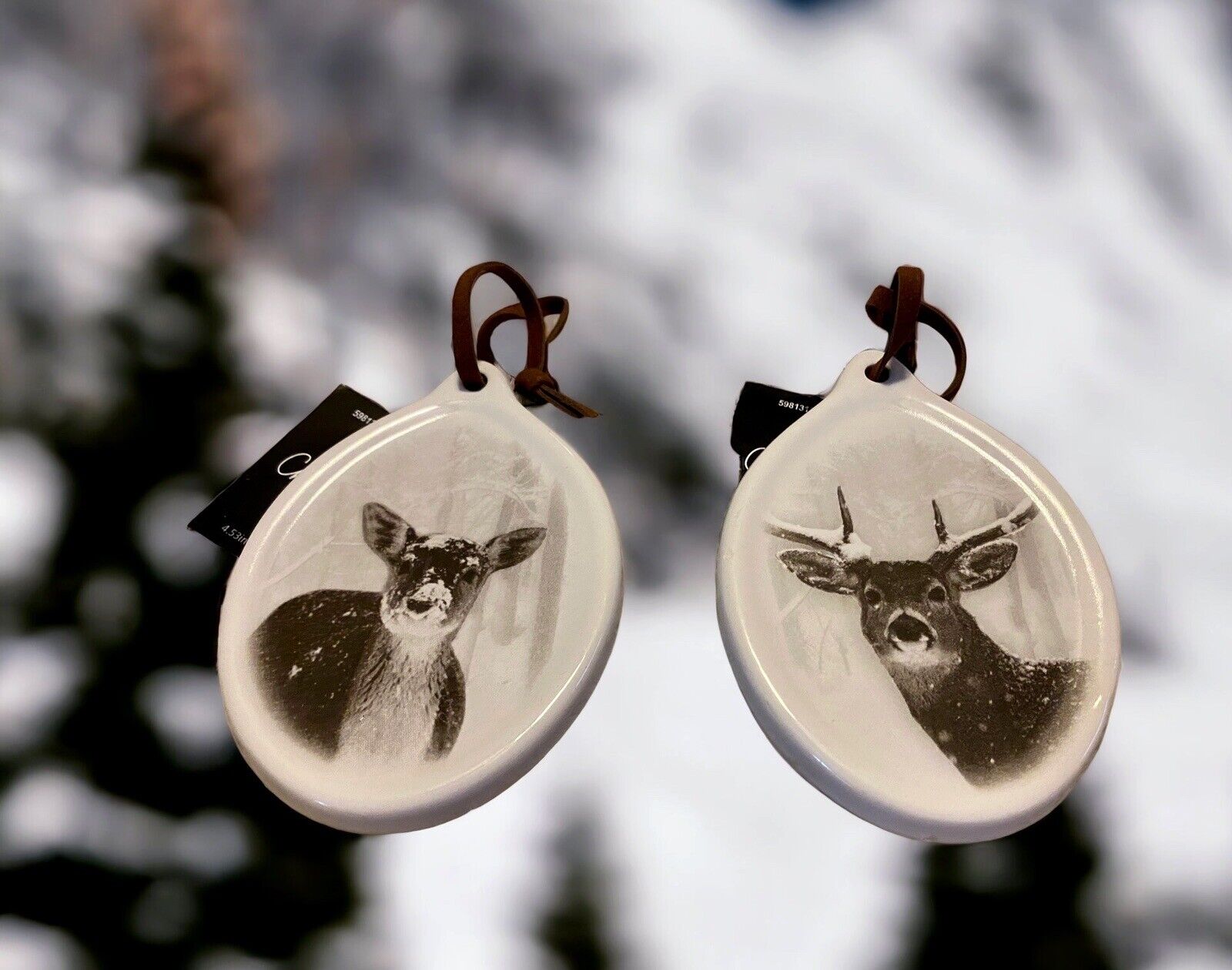 Christmas Ornaments Doe And Buck Deer Dolomite Two 4.5 X 3 New Hunter Snow