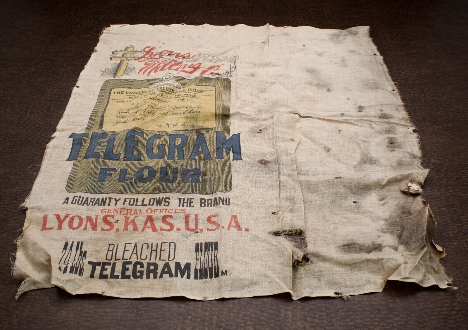 Antique Lyons Milling Co. Telegram Flour Bag Not a Complete Bag