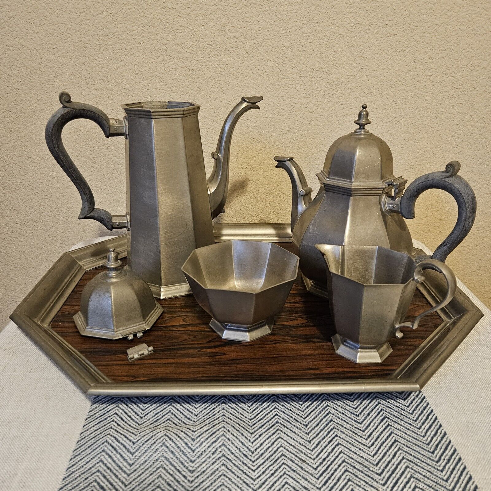 Gorham Pewter Octette Vintage 1970s 5 Pc Coffee & Tea Serving Set With Tray
