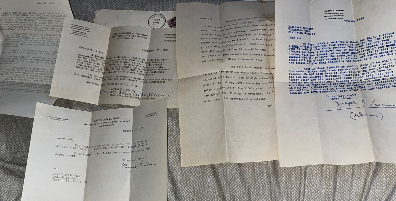 Antique 1933-4 Letters from / about Fieldston School NYC Prep Fundraising Appeal