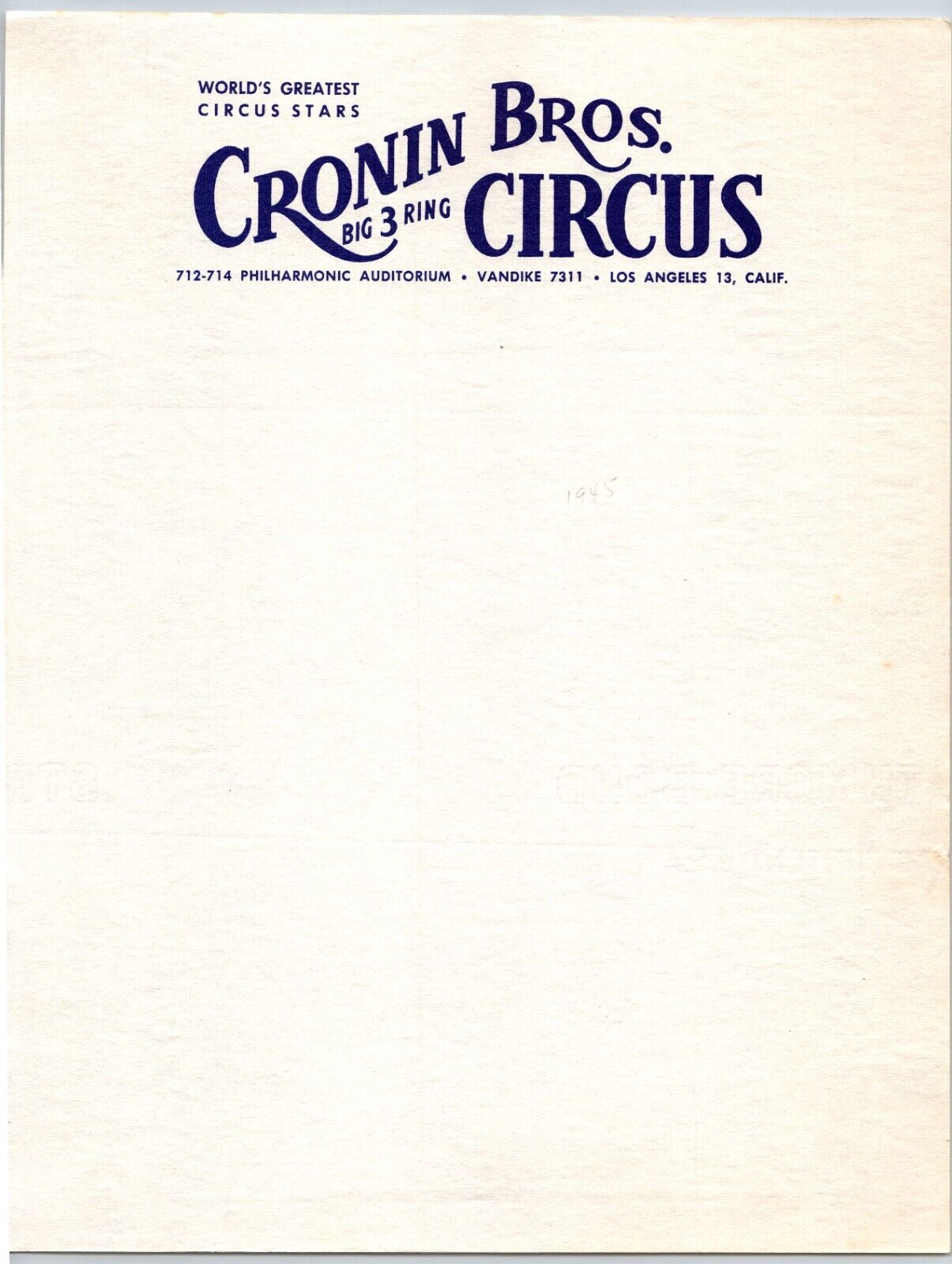 Cronin Brothers Big 3 Ring Circus Letterhead 1945 Los Angeles, CA Scarce