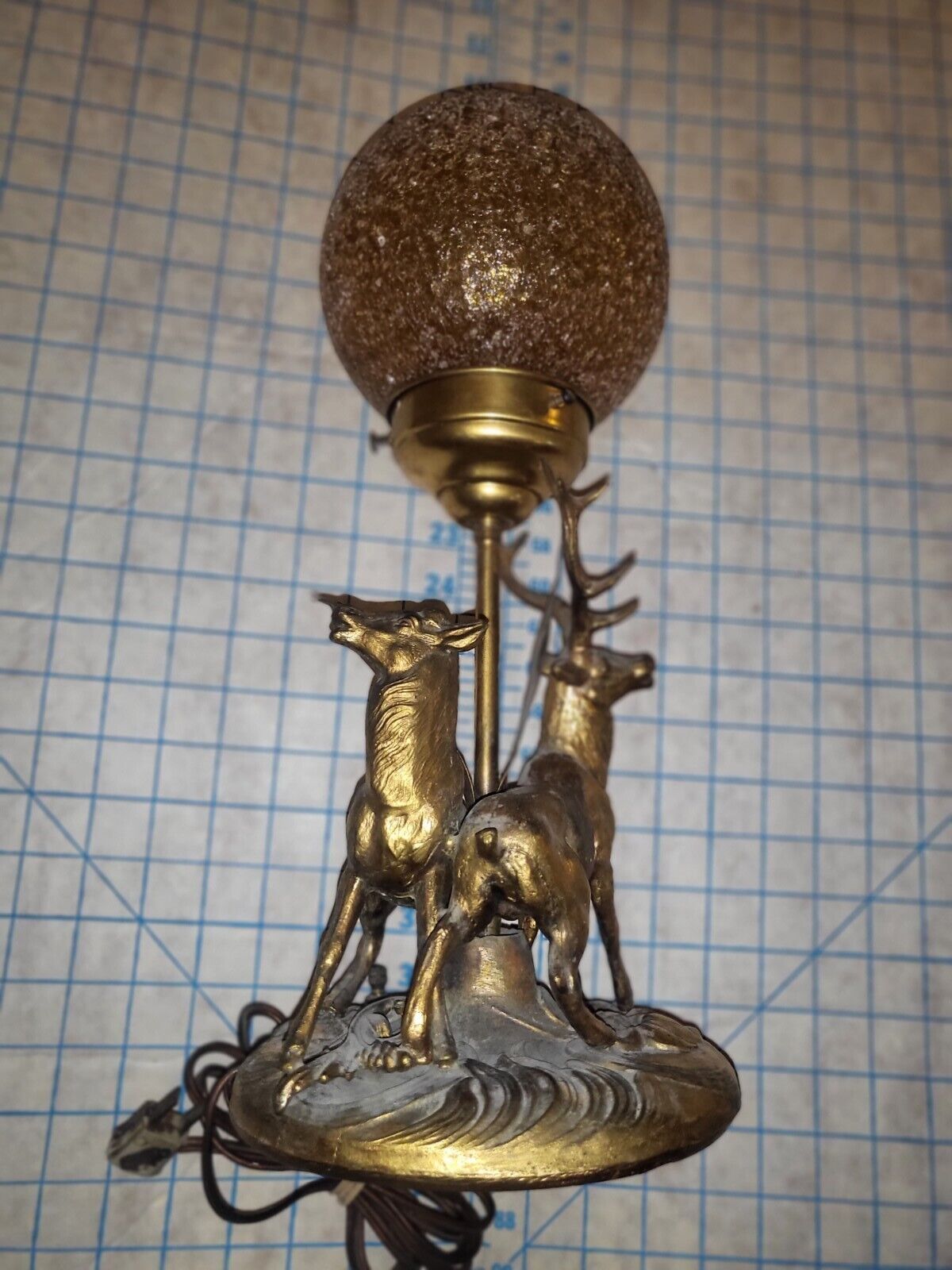 1920s Art Deco Figural Elk Wildlife Lamp Amber Crackle Globe 1930s Bronze Brass 