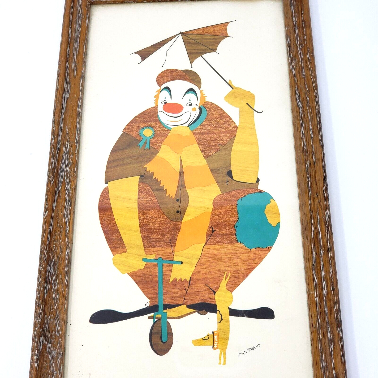 Vintage 1960s Mid-Century Framed Clown And Dog Print Joan Bryant 12X22