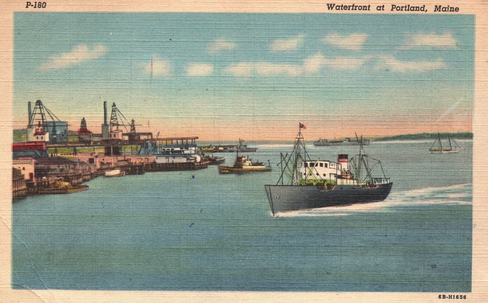 Vintage Postcard 1948 Shipping Boat Ocean Beach Waterfront at Portland Maine ME
