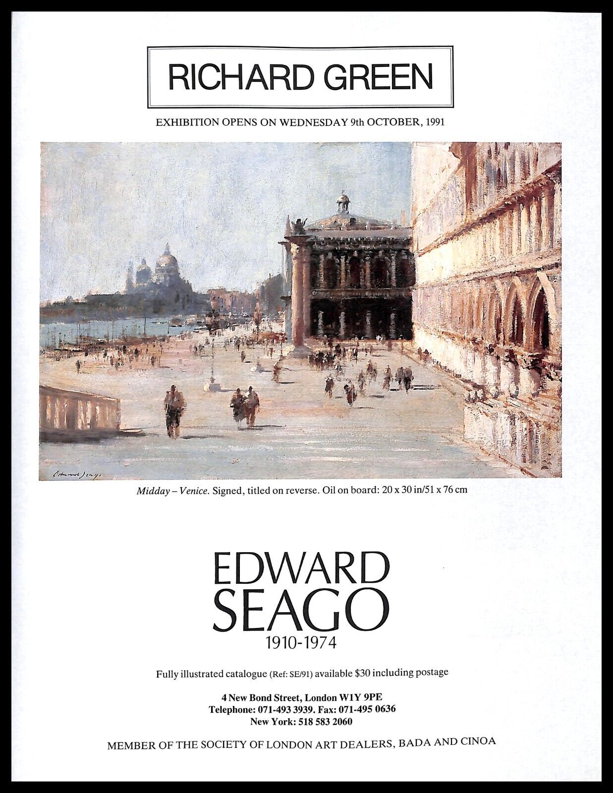 1991 Richard Green Gallery Vintage PRINT AD Edward Seago Midday-Venice Art