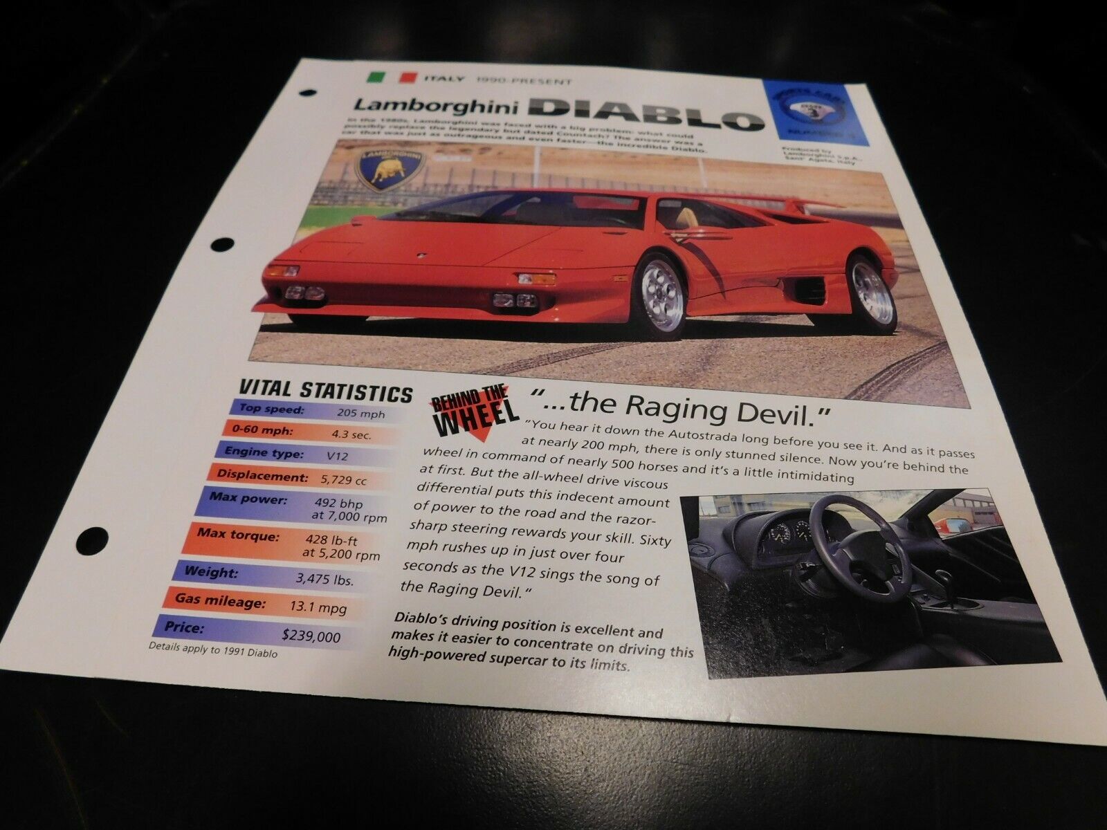 1990+ Lamborghini Diablo Spec Sheet Brochure Photo Poster 