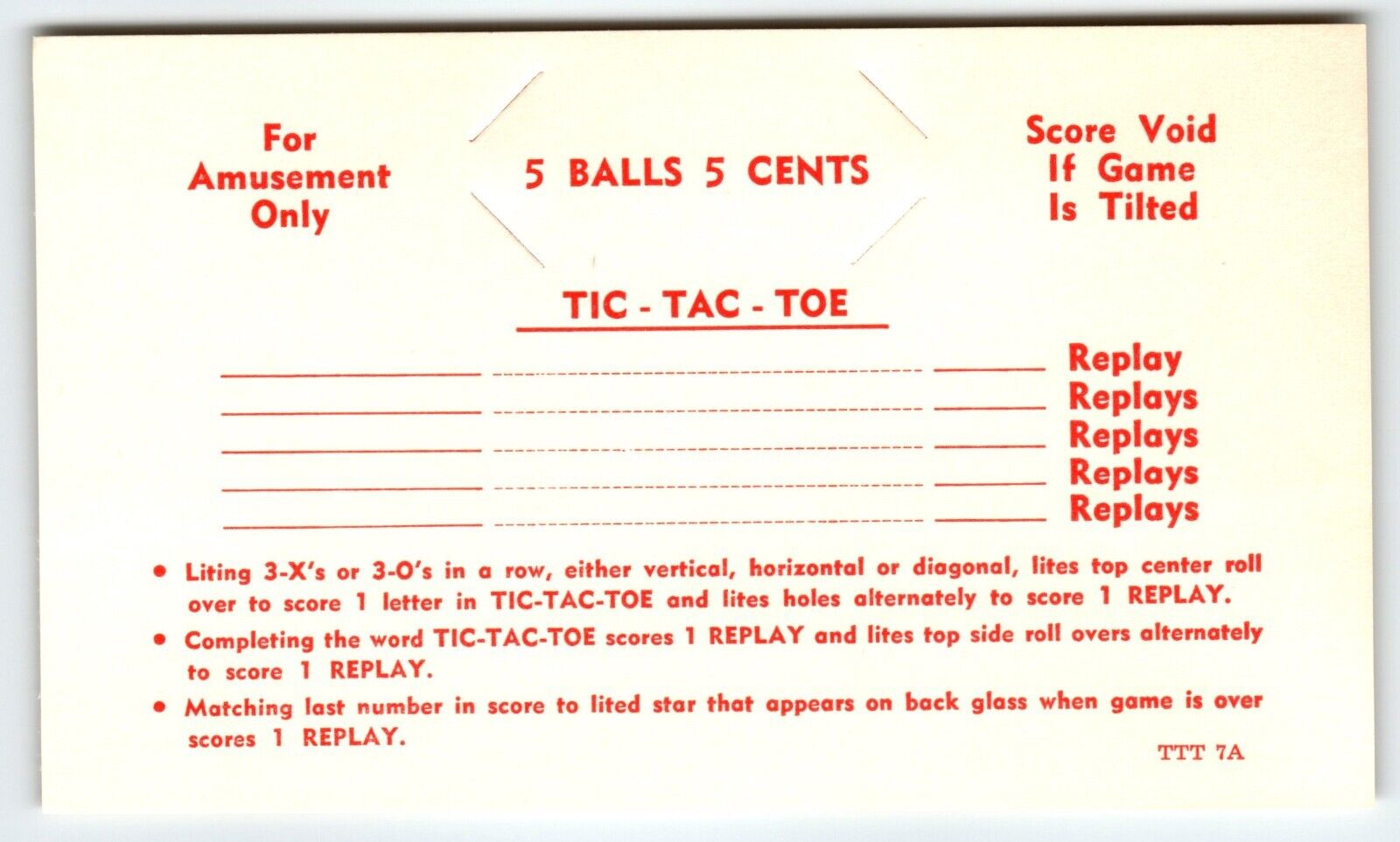 Tic-Tac-Toe Pinball Machine Instruction Game Rules Card Blank Replay Scores 1959