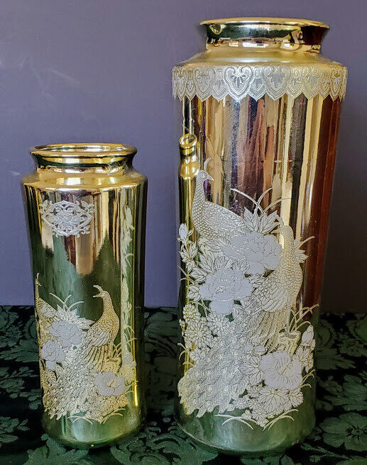 Japanese Mercury Glass Peacock & Flowers Etched Vases 2 Small & Larger Mid 50\'s 