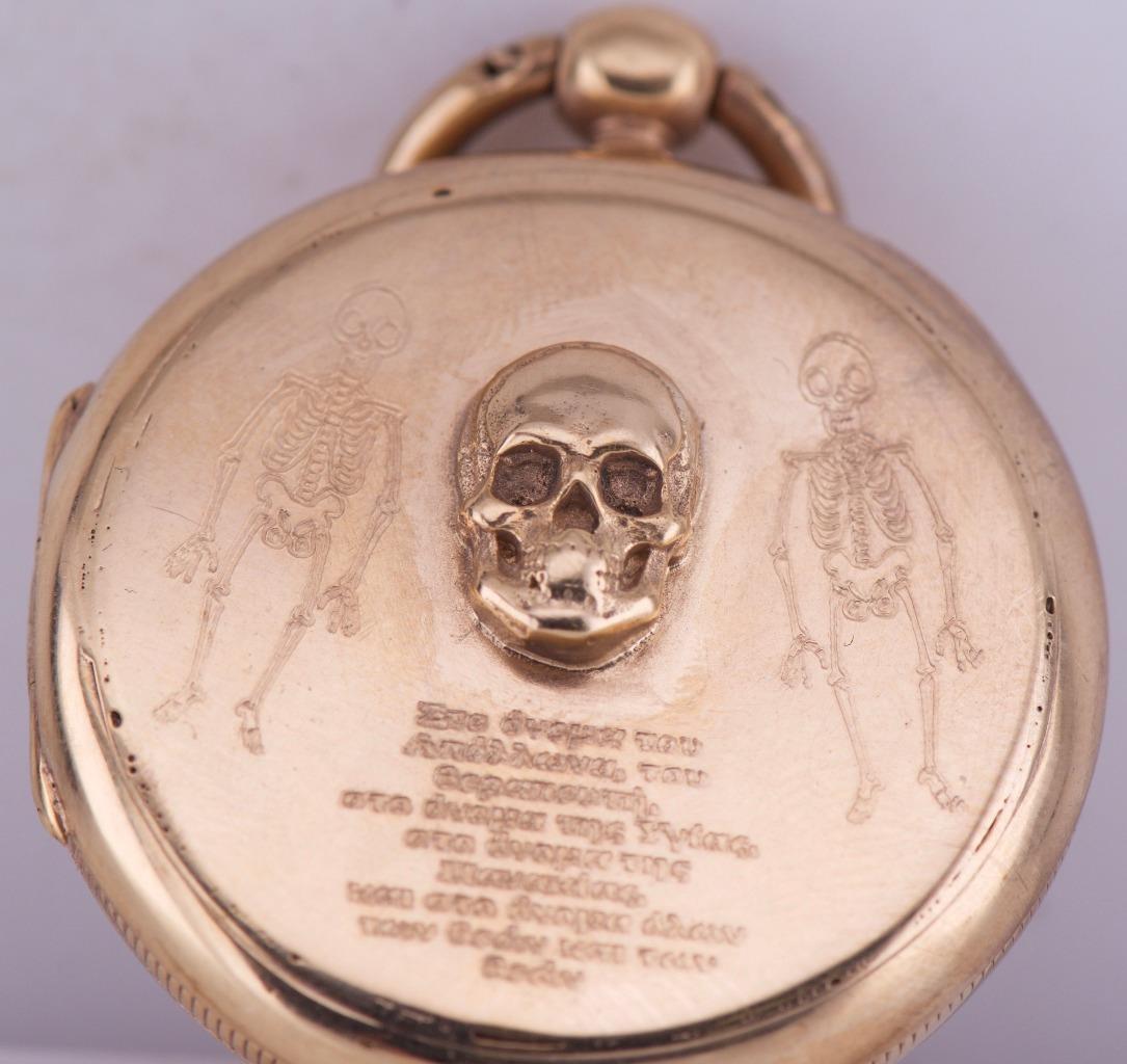 Antique Victorian Doctors Gilt Silver Medicine Poison Pill Box Skull Warning Tag