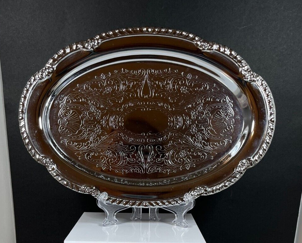 Vintage Irvinware Etched Paisley Design Scalloped Edge Small Silver Plated Tray