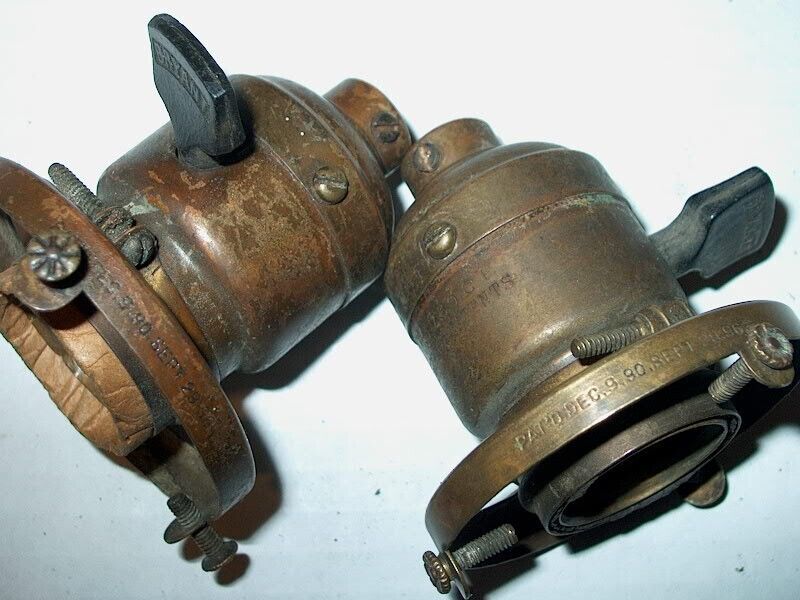 2 ANTIQUE EDISON-BRYANT PADDLE SWITCH C. P. SOCKETS W/ MICA  W/1896-2 1/4 FITTER