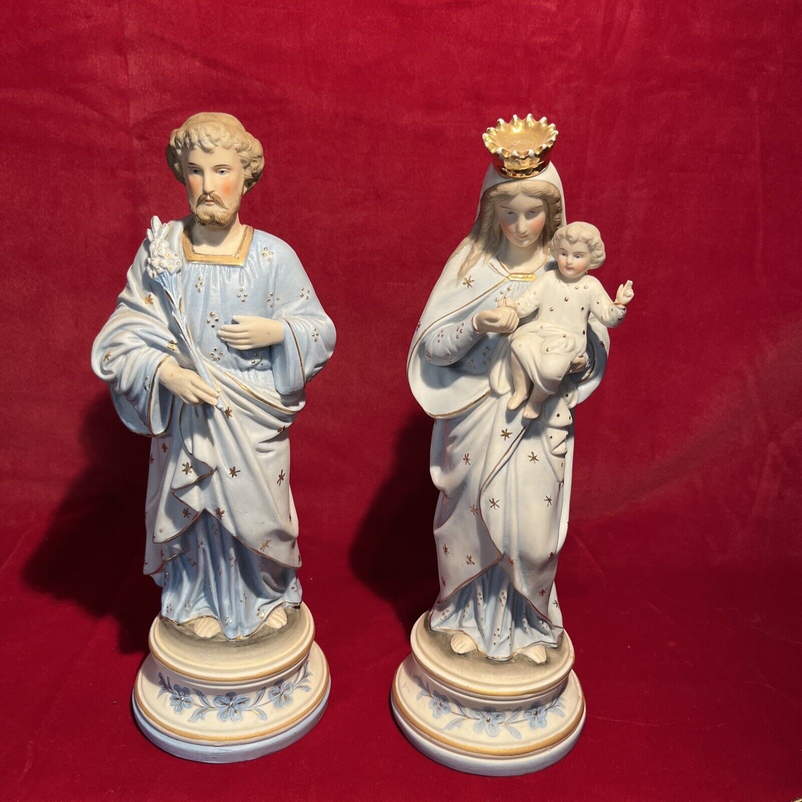 Antique  Statue Bisque Porcelain Joseph And Mary With Jesus Set (N7-3)