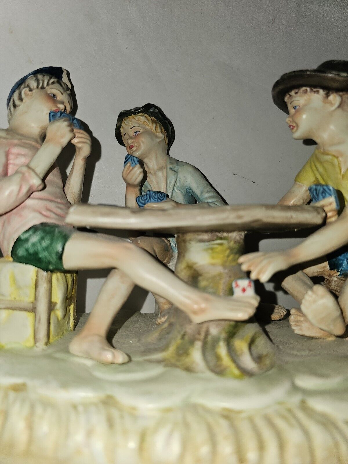 Vintage Figural Statuette The Cheaters Three Young Boys Playing Cards