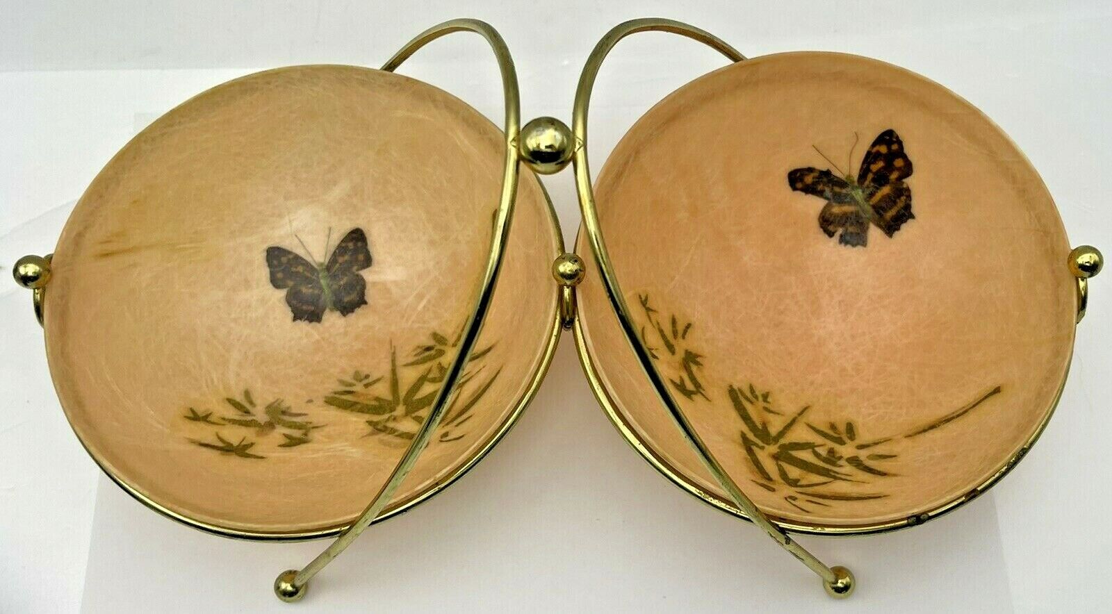 Kimball Vesta Vintage Fiberglass Butterfly Bamboo Serving Bowls in Stand MCM
