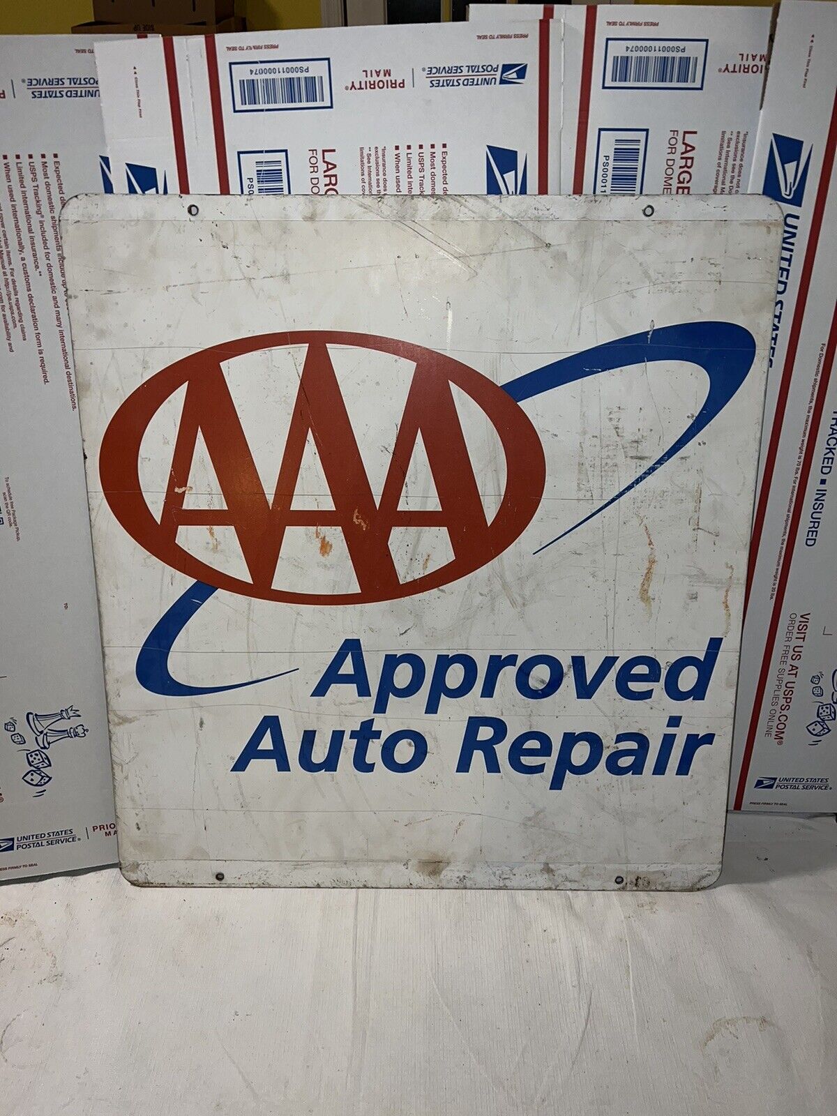 VINTAGE AAA  APPROVED AUTO REPAIR DOUBLE SIDED METAL ADVERTISING SIGN AMERICANA